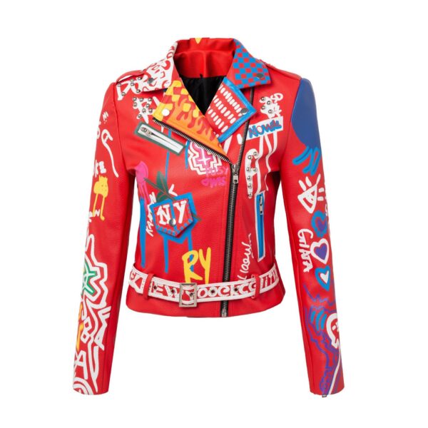 Lapel Slim-fit Biker Long Sleeve Graffiti Jacket with Belt Red Faux Leather