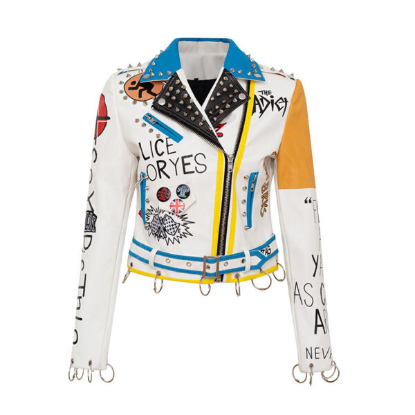 White Graffiti Print Motorcycle Ringed Leather Jacket