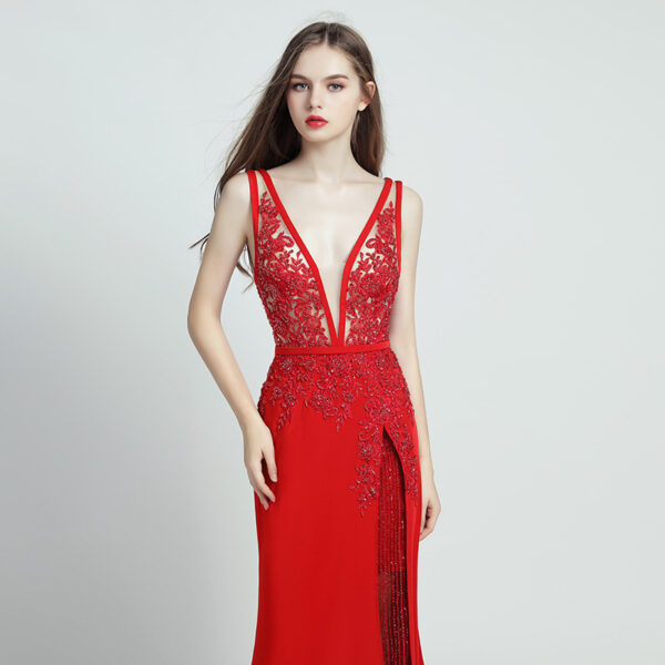 Lace Beaded Toast Dress with Plunging Neck and Slit Temperament Style