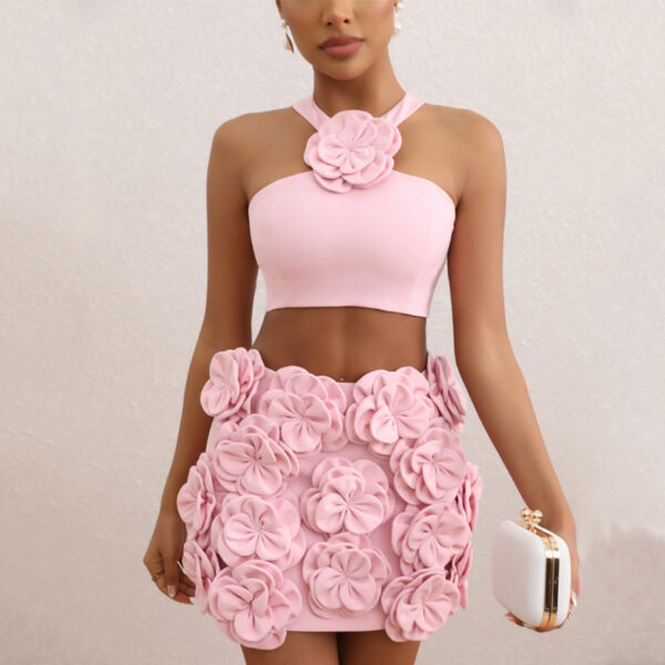 Co-ord Set Suit Halter Top with Decorative Flower Skirt