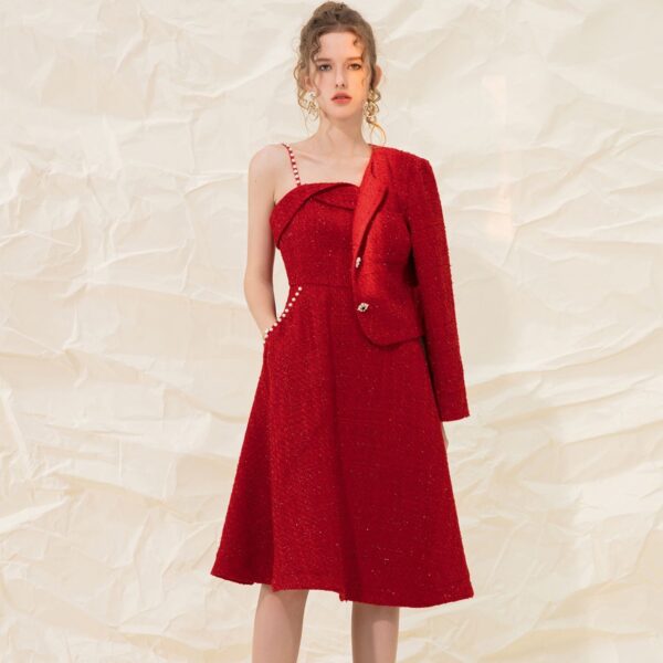 Retro Pearl Sling Tweed Red Dress