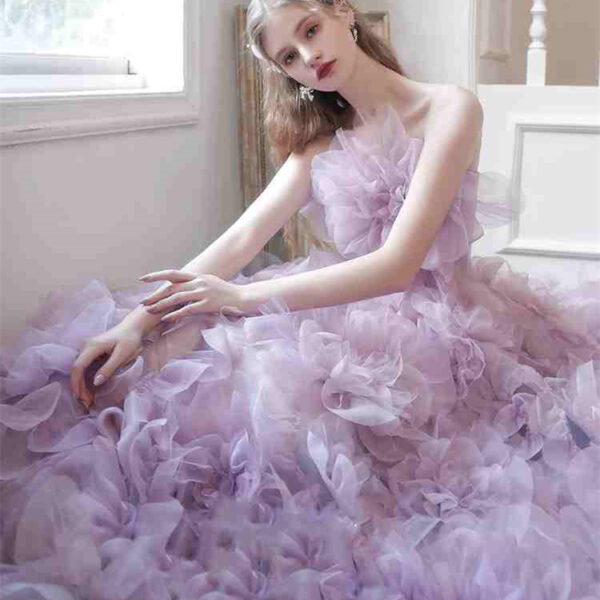 Purple Ruffled Full-length Off-shoulder Evening Dress