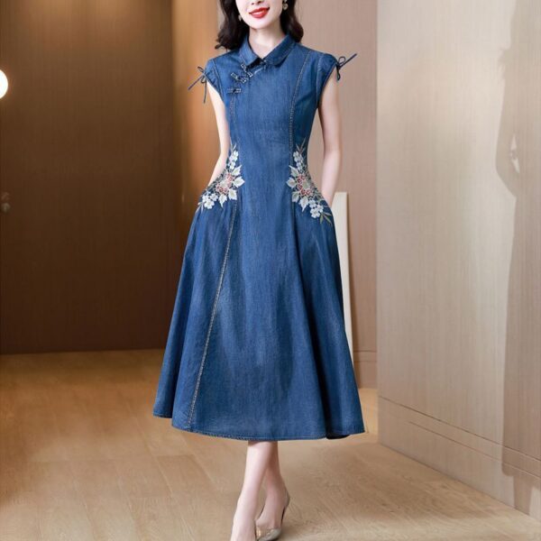 Denim Dress Machine Embroidery Retro Style