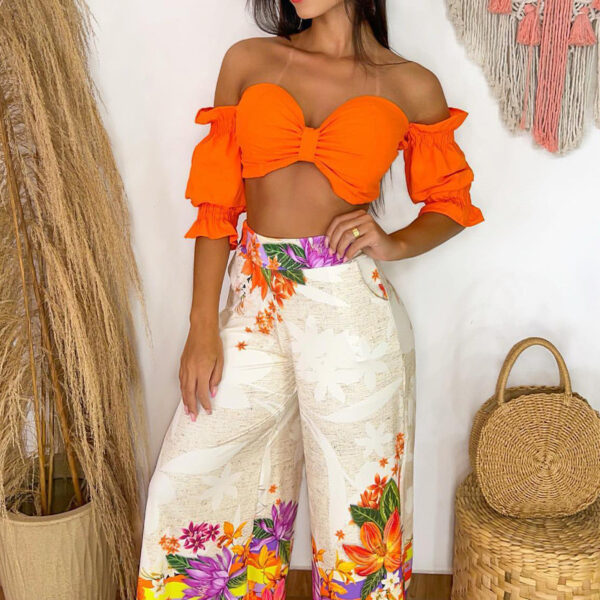 Contrast Print Co-ord Set in Orange Top and White Bottom