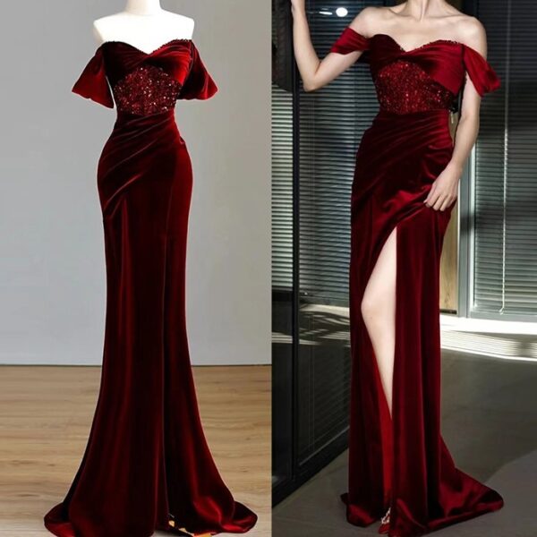 Fishtail Wine-Red Off-shoulder Velvet Sequins Dress