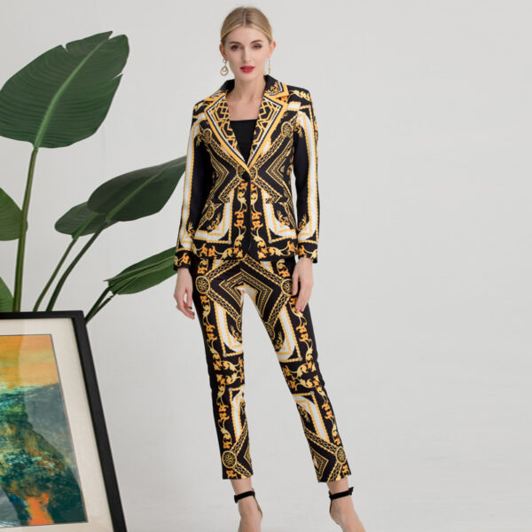 Retro Printed Suit Jacket And Straight Trousers